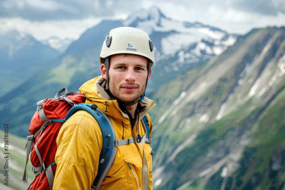 Portrait of a climber with a beautiful view in the background