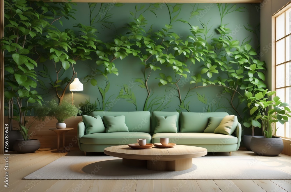 cozy living room with green sofa and 3d leave wallpaper, zen livingroom design interior