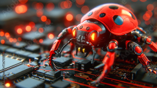A 3D rendering of a robotic ladybug on a computer motherboard, symbolizing the idea of a computer bug or virus.