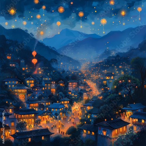 Enchanting Lantern Festival in a Traditional Mountain Village at Night
