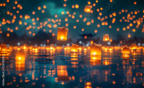 lanterns are flying in the water at night time