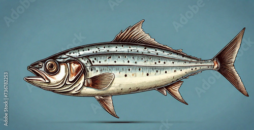 sardine fish illustration, in vintage style. on isolated bright blue background