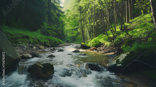 Morning sun shining through a lush forest onto a sparkling stream with smooth rocks and greenery.
 photo