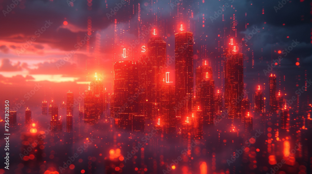 A futuristic cityscape with buildings constructed out of virtual coins and dollar signs. In the foreground people using virtual reality headsets are seen completing digital A futuristic cityscape with buildings constructed out of virtual coins and dollar signs. In the foreground people using virtual reality headsets are seen completing digital