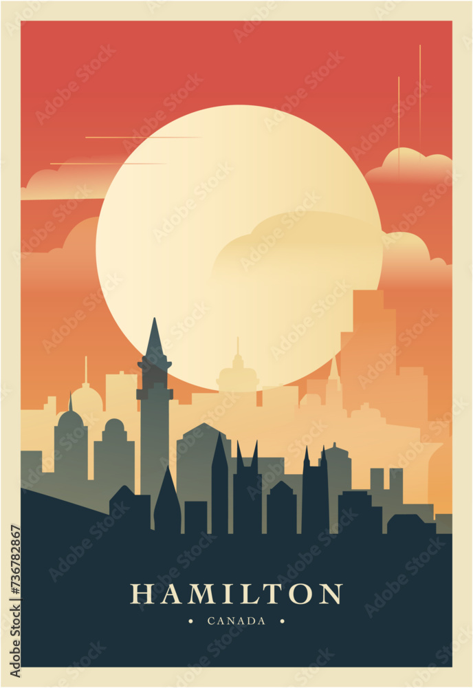 Hamilton city brutalism poster with abstract skyline, cityscape retro vector illustration. Canada, Ontario province travel front cover, brochure, flyer, leaflet, business presentation template image