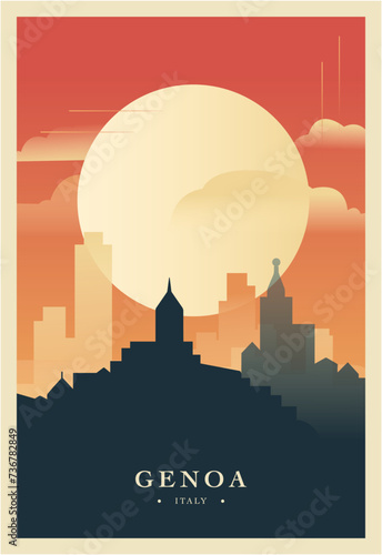 Genoa city brutalism poster with abstract skyline, cityscape retro vector illustration. Italy, Liguria town travel cover, brochure, flyer, leaflet, presentation design, template image