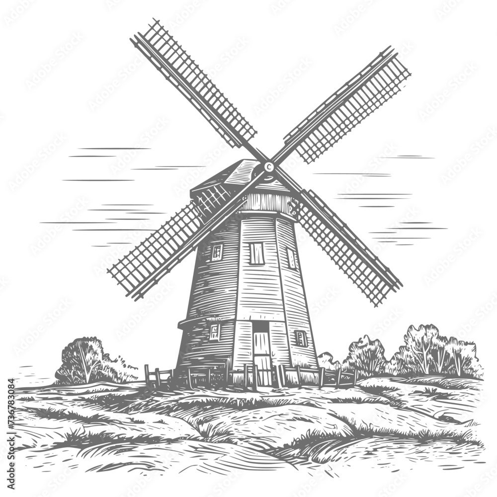 Windmill old engraving style drawing