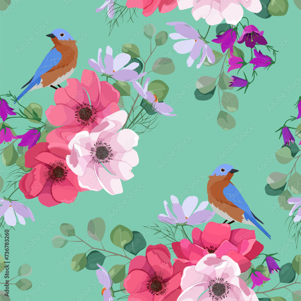 Seamless vector illustration with field bells, anemone, eucalyptus and birds