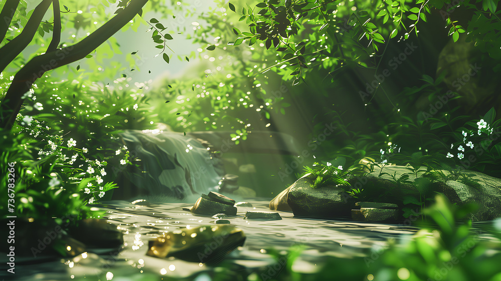 Naklejka premium Morning sun shining through a lush forest onto a sparkling stream with smooth rocks and greenery. 