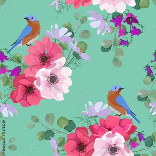 Seamless vector illustration with field bells  anemone  eucalyptus and birds