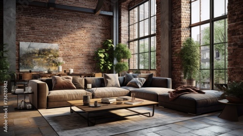 Modern interior of living room with brick wall and sofa
