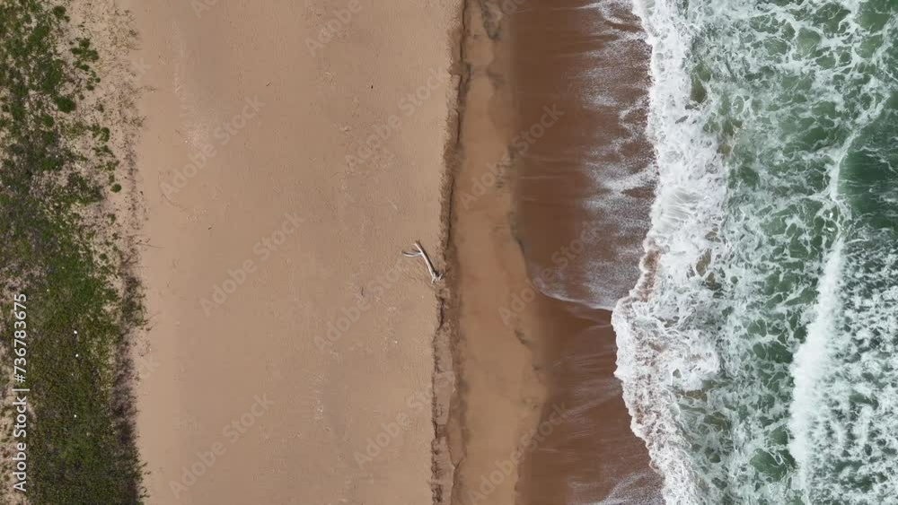 Top down view of a beautiful South African Beach, aerial drone shot of waves on the beach with driftwood Top down view of a beautiful South African Beach, aerial drone shot of waves on the beach with driftwood