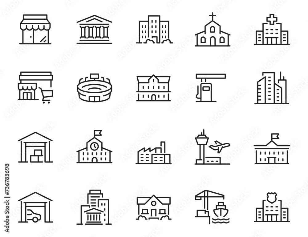 Set of Buildings Related Vector Line Icons. Contains such Icons as Church, Sport Stadium, Medical Hospital and more. Editable Stroke.