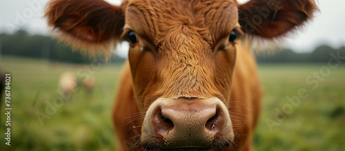 a close up of a brown cow standing in a field looking at the camera . High quality