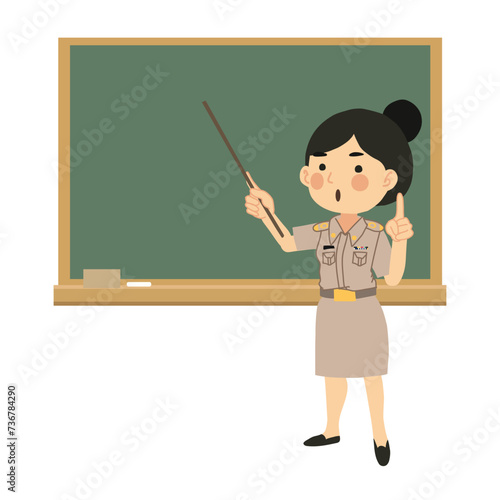 Classroom Learning. Asian Woman Educator Teaching with Pointer Stick and Chalkboard.