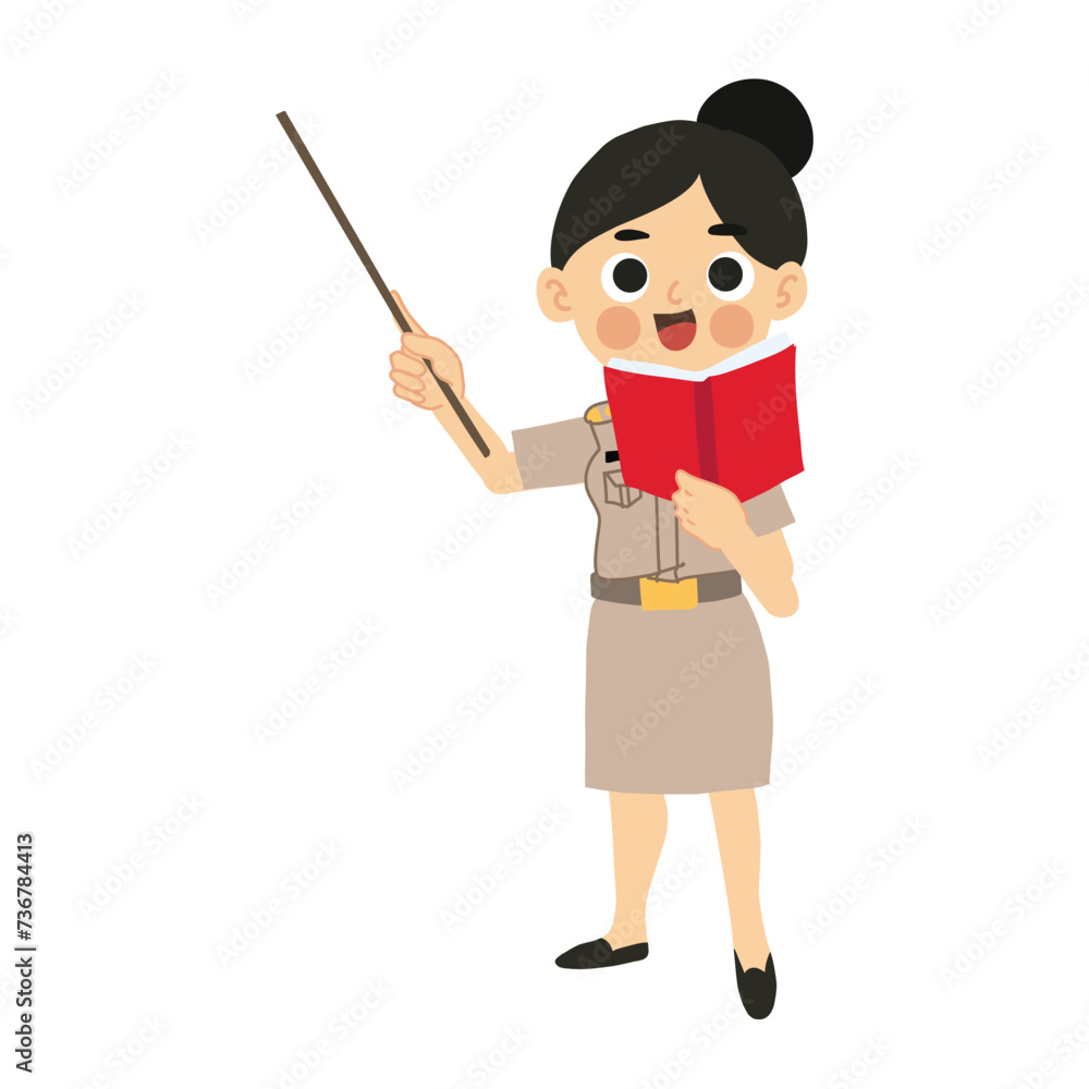 Happy Thai Instructor Holding Stick, Teaching Lesson with Book in Classroom Happy Thai Instructor Holding Stick, Teaching Lesson with Book in Classroom