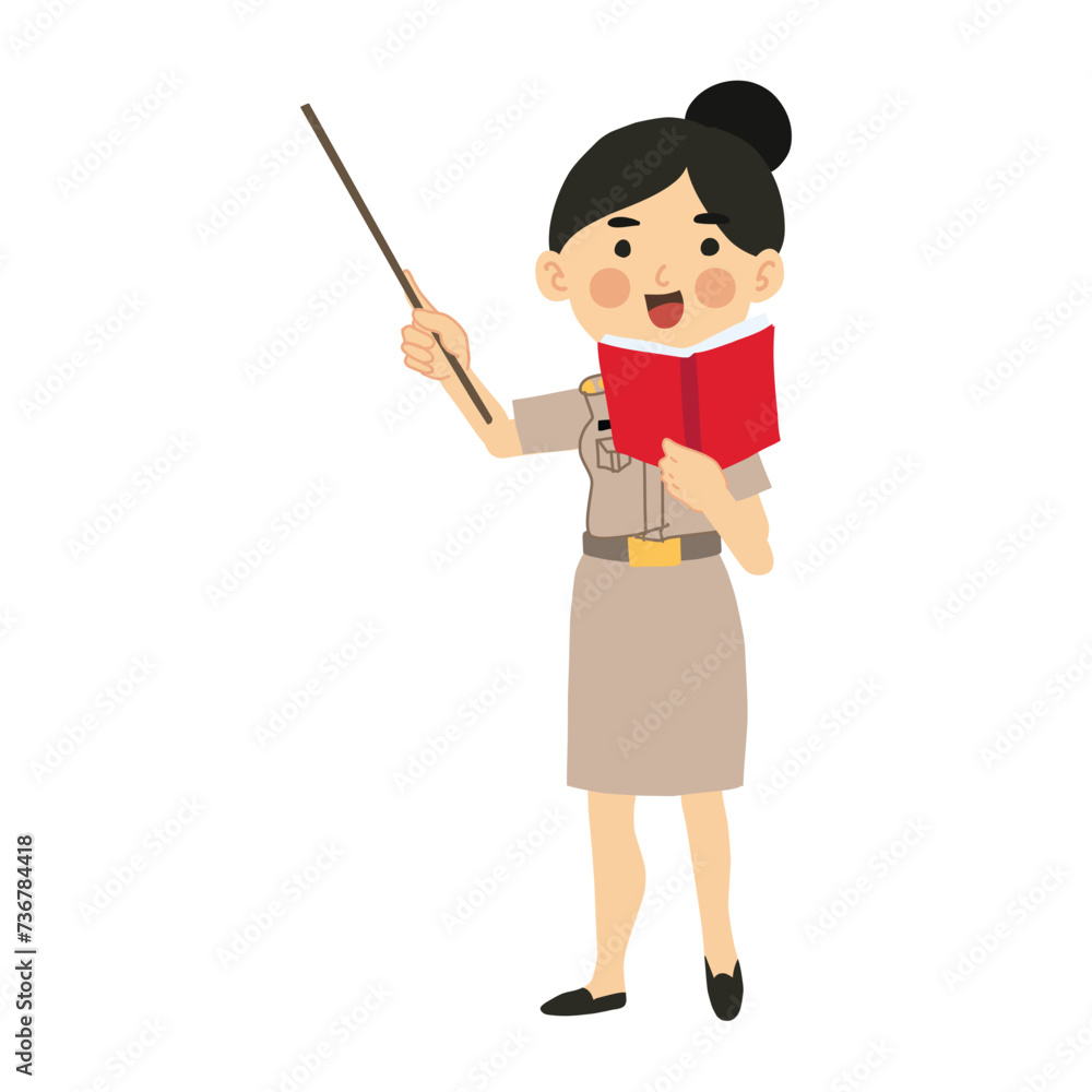 Happy Thai Instructor Holding Stick, Teaching Lesson with Book in Classroom Happy Thai Instructor Holding Stick, Teaching Lesson with Book in Classroom