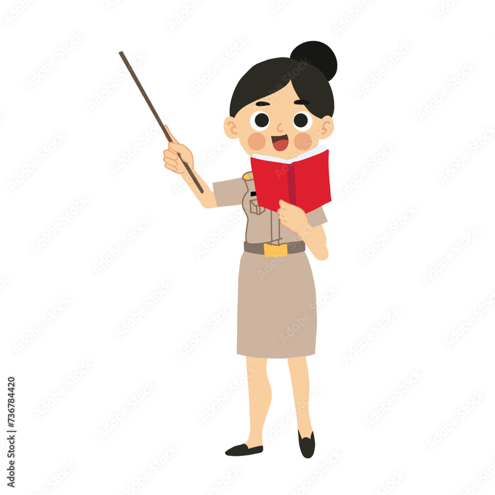 Happy Thai Instructor Holding Stick, Teaching Lesson with Book in Classroom Happy Thai Instructor Holding Stick, Teaching Lesson with Book in Classroom