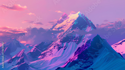 Majestic snow-covered mountains bathed in the warm glow of a sunset with a pastel sky. 