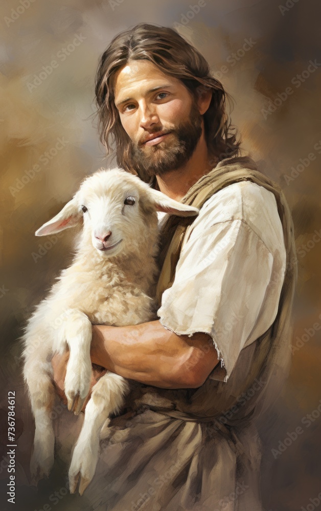 Jesus Christ the Tender Shepherd holding a little lamb in the style of watercolor Jesus Christ the Tender Shepherd holding a little lamb in the style of watercolor