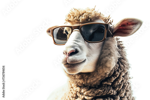 a sheep wearing sunglasses isolated on white background