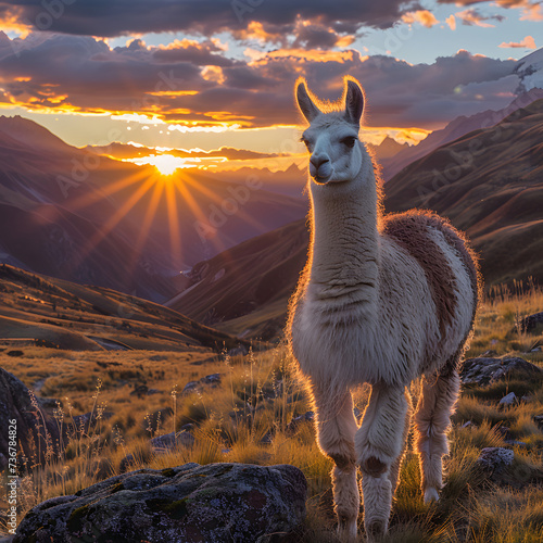 White llama walking towards the sunrise in the mountains of Peru
