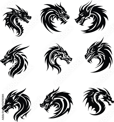 dragon head silhouette, logo, set vector illustration