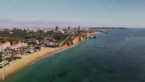 Praia do Vau Beach In Portimão City, Portugal. Aerial Wide Shot photo