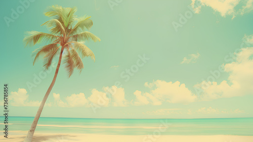 Serene tropical beach scene with a single palm tree against a clear blue sky and fluffy white clouds.  © wanchai