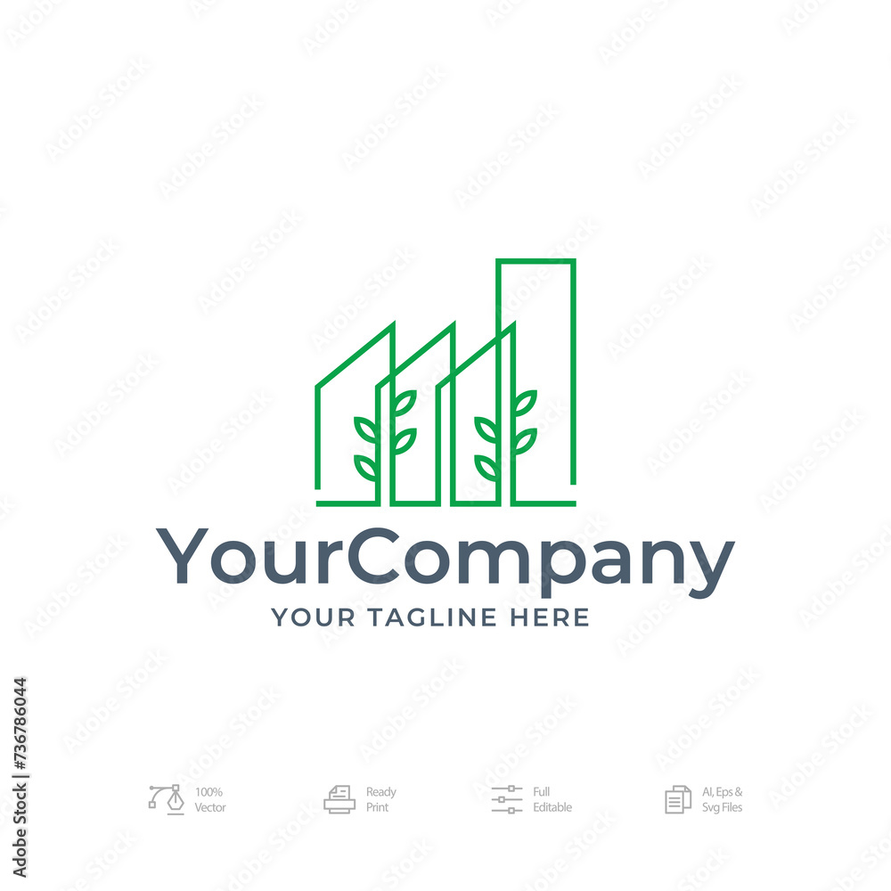 Monoline Tree Factory Logo Icon Design Vector Template