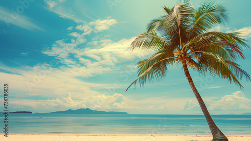 Serene tropical beach scene with a single palm tree against a clear blue sky and fluffy white clouds. 