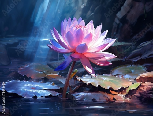 Lotus flower on the rocks with a light of sunlight