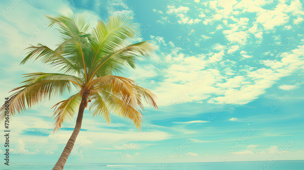Serene tropical beach scene with a single palm tree against a clear blue sky and fluffy white clouds.
