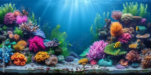 A Thriving Coral Reef Bustling with Marine Life  Illuminated by Sunlight Filtering Through the Ocean s Surface  Generative AI