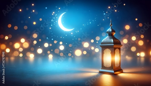 Ramadan illustration with a lantern against a bokeh lights with a crescent moon and copy space.