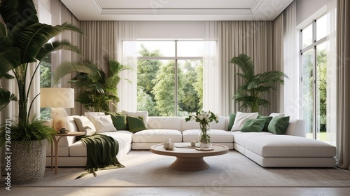 Living room interior with large window  sofa and plants.