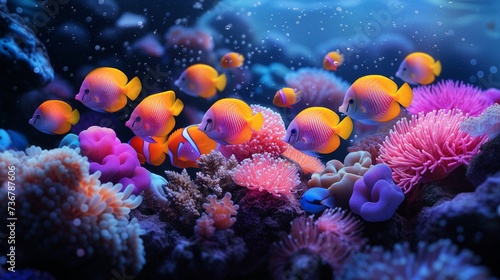 clown fish, Amphiprion Ocellaris Clownfish or anemone fish in deep colorful sea background.clown fish underwater look out of a blue anemone