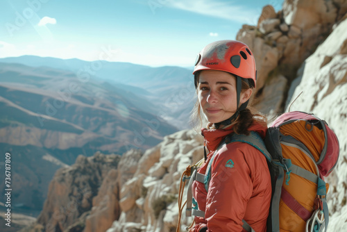 female climber with backpack and helmet standing on high mountains while looking at camera