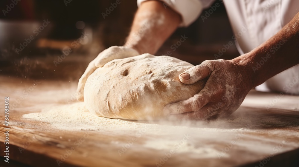 hands kneading dough on table，dough with hands, close-up of making pasta, restaurant advertising, handmade pasta, supermarket advertising, people making bread