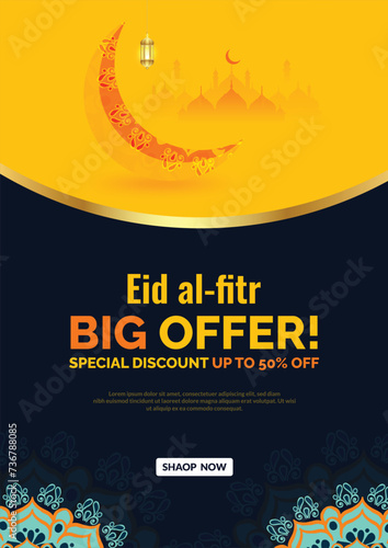 Eid Mubarak big sale offer poster or flyer design with yellow and blue color Islamic background Eid al fitr social media advertisement, a4, poster, or flyer, design vector illustration