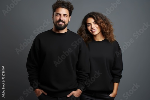 Plus size male and female models wearing black long sleeve t-shirts, plus size couple outfit models showing black t-shirts, plus size models mockup