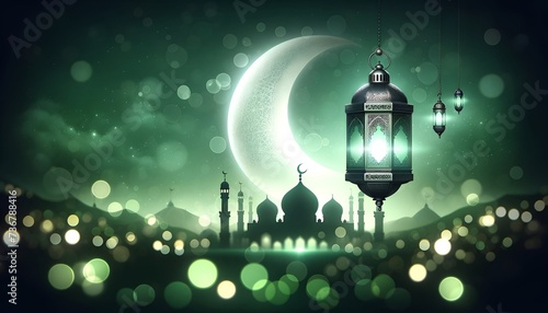 Beautiful green background for ramadan with a hanging lantern and mosque silhouette.