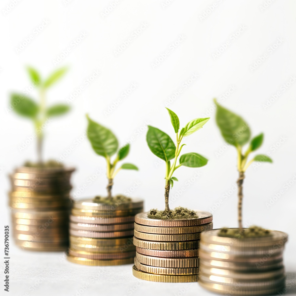 Row of coins stack with green plant growth up on white background Row of coins stack with green plant growth up on white background