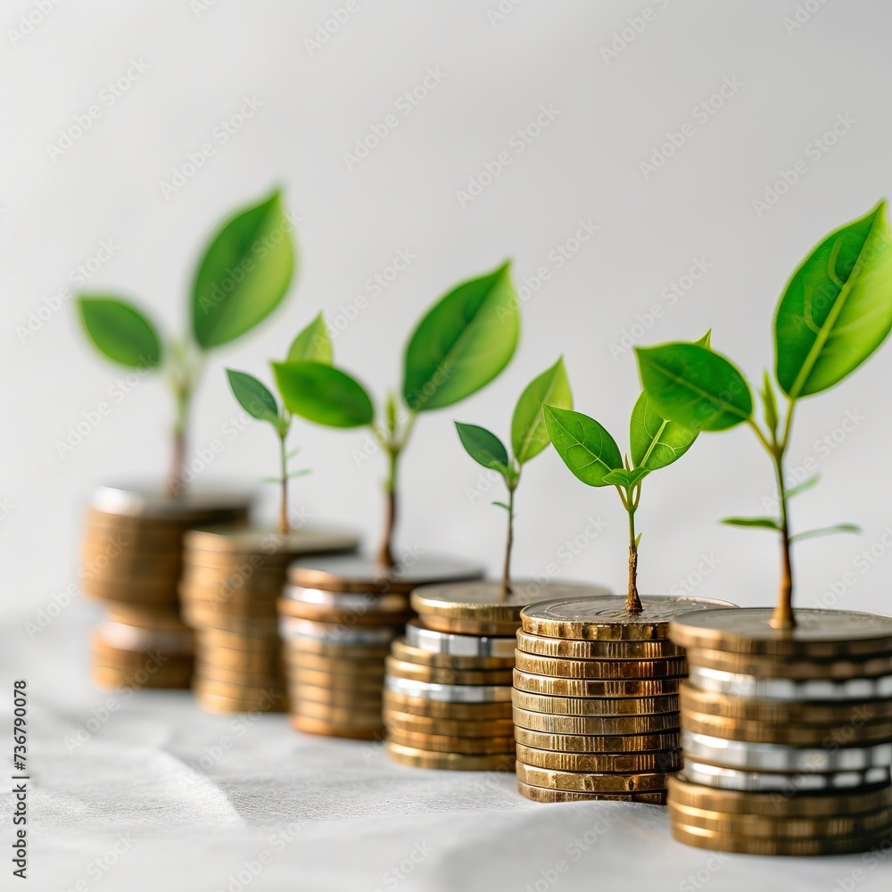 Row of coins stack with green plant growth up on white background Row of coins stack with green plant growth up on white background
