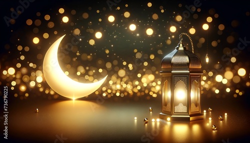 Luxury ramadan background with lantern and crescent moon with golden bokeh lights.