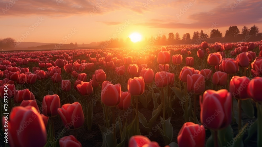 landscape view of sunrise in a tulip field