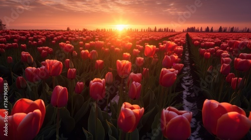 landscape view of sunrise in a tulip field