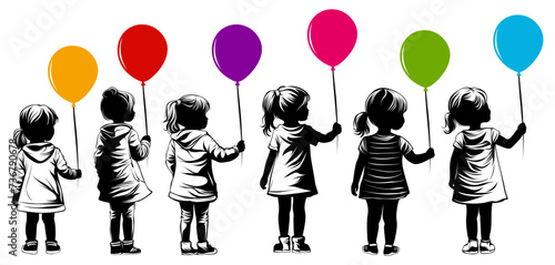 set Little girl holding balloon back view silhouette design vector illustration