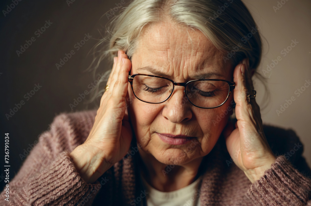 Elderly woman holding hands on head temples because of migraine Elderly woman holding hands on head temples because of migraine