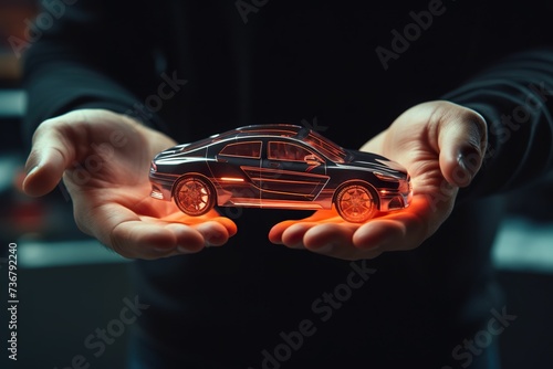 Business man holding virtual car model, car insurance, car sales, car after-sales, new energy vehicle concept photo